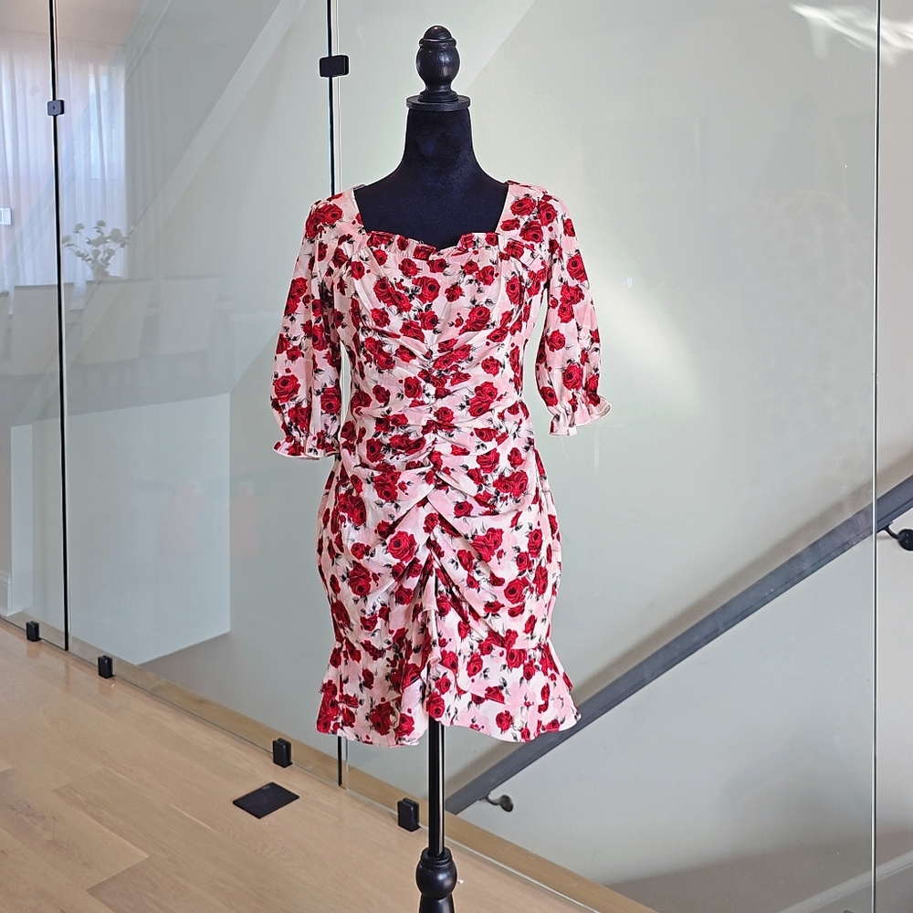 Red Korean Floral Print Ruched Dress